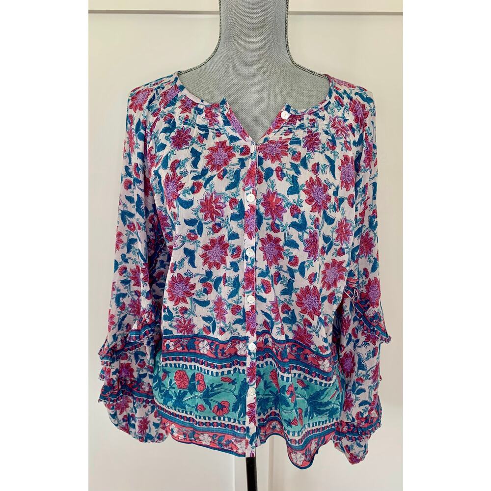 Alicia Bell Floral Tunic in Multicolor Large Pullover Ruffle Sleeve Button Front